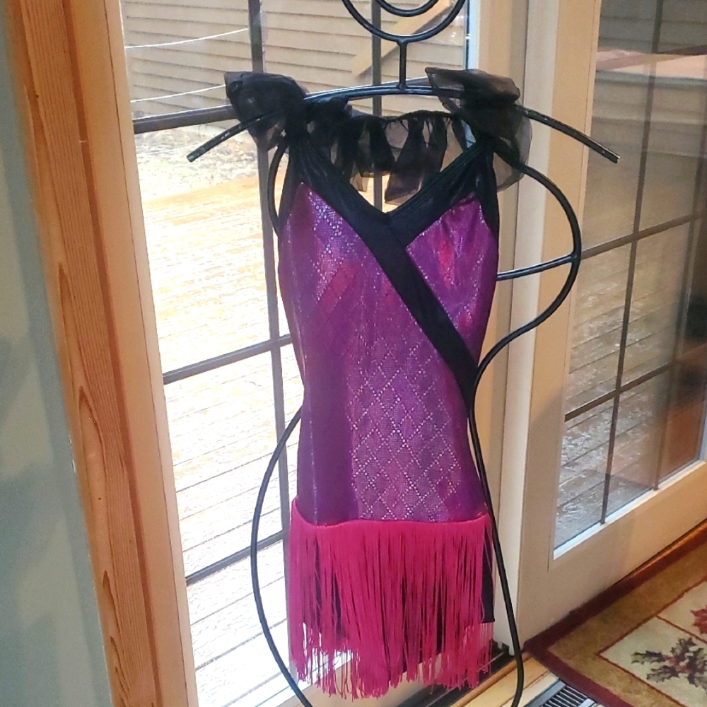 Curtain Call Purple and Black Fringe Dress Costume With Hair Accessory NWT Sz 14